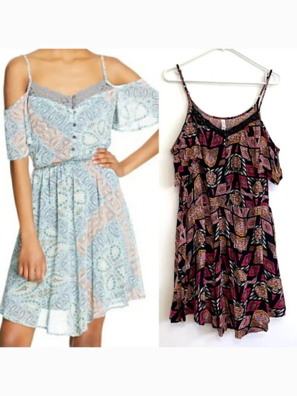 XHILARATION Short Sleeve Cold Shoulder Dress Black Pink Geometric Boho Mini XXL